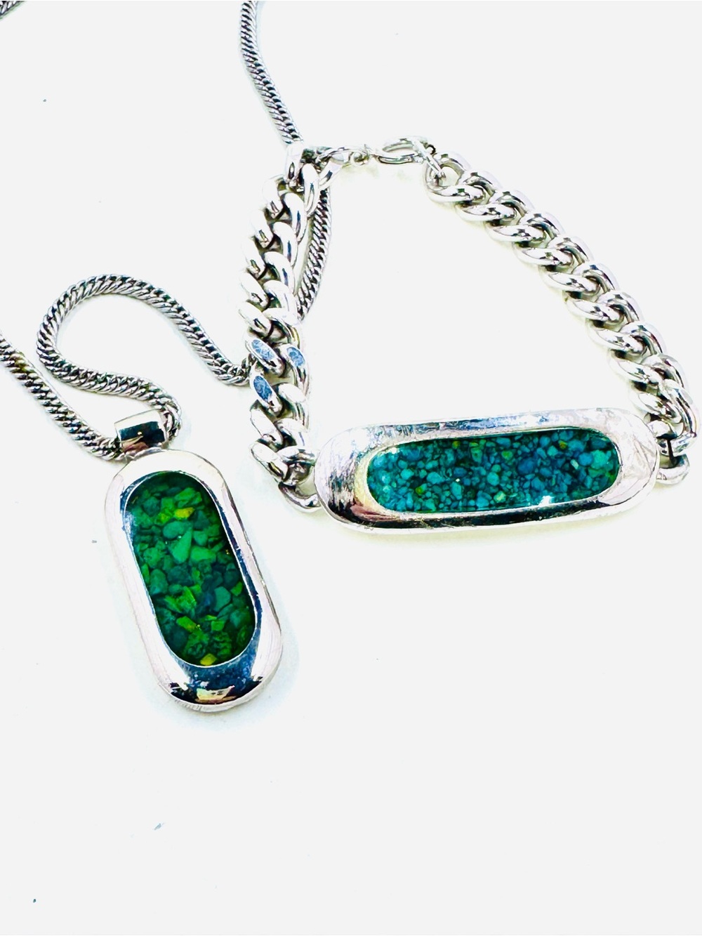 Celebrity Silver Tone Blue-Green Mosaic Inlay Necklace and Bracelet Set